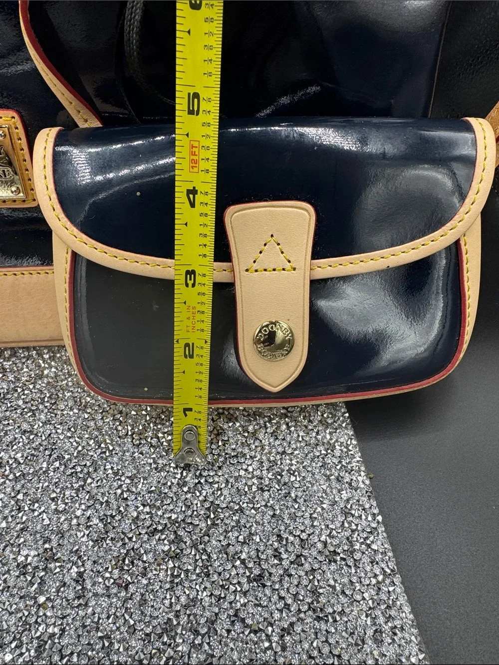 Dooney & Bourke Navy Patent Tote with Tan Trim and Pouch